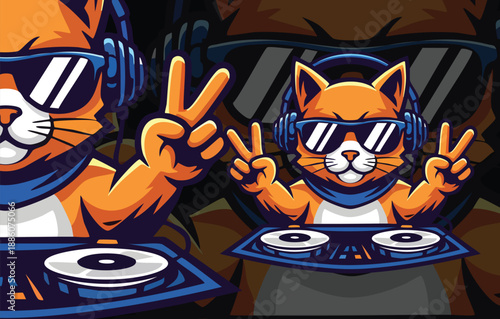 Energetic Orange Cat Mascot DJ Making a Peace Sign, Vibrant Graphic for Music and Nightlife Branding Element