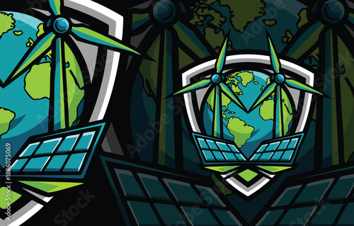 Global Clean Energy Shield Logo: Earth Protected by Wind Turbines and Solar Panels, Sustainability Emblem Design