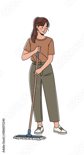 Young woman mopping the floor in casual attire at home  