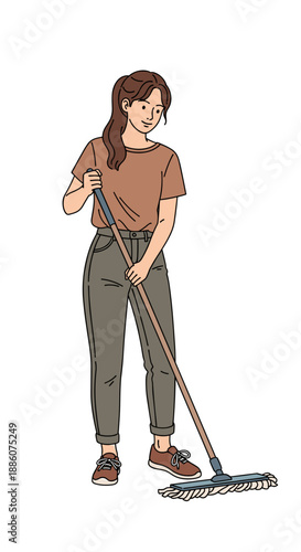 Young woman cleaning the floor with a mop indoors  