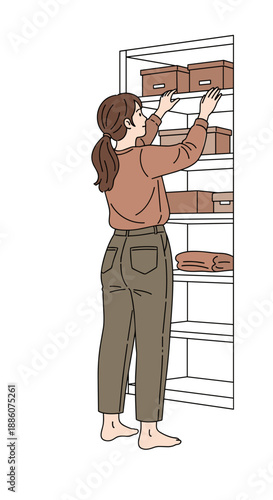 Woman organizing storage shelves while standing barefoot at home  