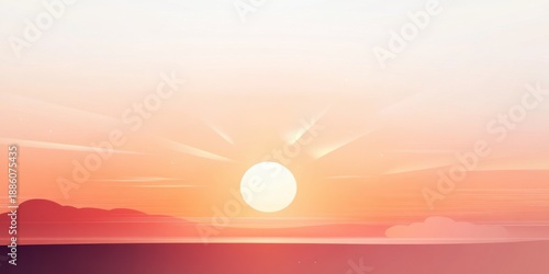 Sunrise with glowing sun above horizon and soft clouds in pastel sky. Calm and peaceful morning landscape scene with warm light and atmospheric tones.