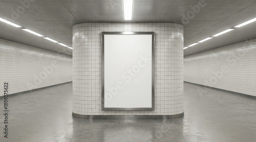 Blank Vertical Billboard Mockup, a Clean Advertising Display in an Empty Modern Subway Underground Passage, Brightly Lit