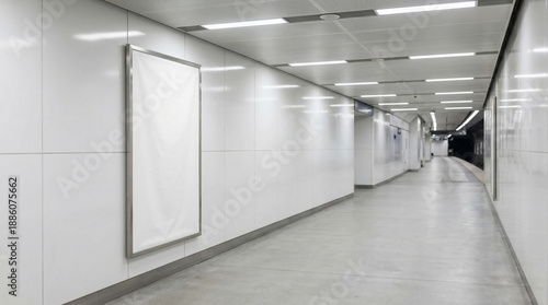 Blank Billboard Mockup in a Modern Empty Subway Station, a Long Clean Corridor with Bright Overhead Lights and White Walls