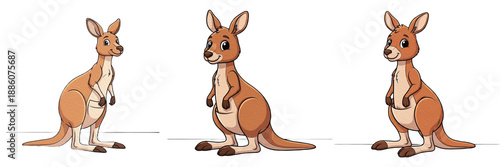 Photos Set of three cute cartoon kangaroos standing isolated on white background, wildl
