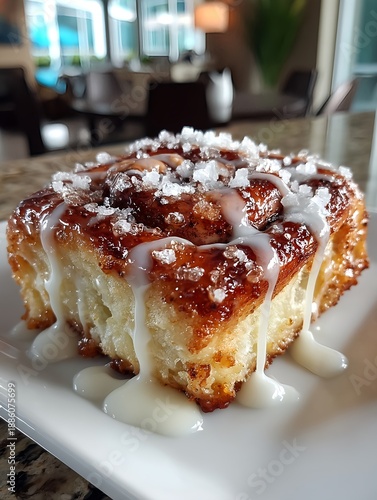 Freshly baked cinnamon rolls with sweet icing and caramel glaze