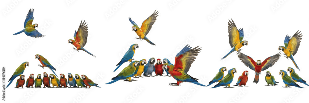 Obraz premium Vibrant Macaw Parrot Flock Illustration Set