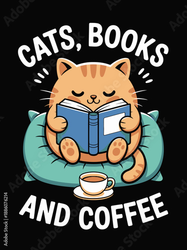 A cute cartoon cat is sitting on a cushion, engrossed in reading a book.