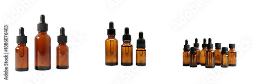 Photos Set of amber glass dropper bottles for essential oils and medicine isolated on w