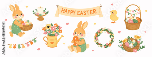 Easter spring design with cute bunny, decorated eggs, baskets, wreath, flowers and chick. Sweet holiday illustration posters and festive templates. Flat vector illustration.