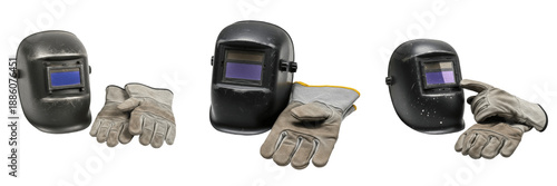 Fotografie Professional auto-darkening welding helmet and heavy-duty protective leather gloves isolated on white background – industrial safety equipment set