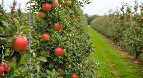 Ripening red apples grow heavy on orchard trees today.