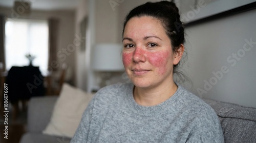 Adult woman with visible skin inflammation on cheeks and nose