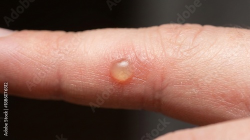 Close up of small fluid filled blister on human finger