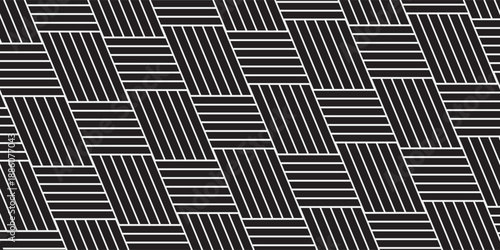 Seamless black and white basket weave geometric pattern featuring interlaced rectangular shapes with horizontal and vertical line details