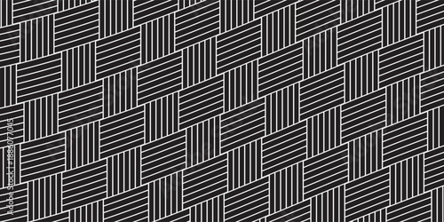 Seamless black and white basket weave geometric pattern featuring interlaced rectangular shapes with horizontal and vertical line details