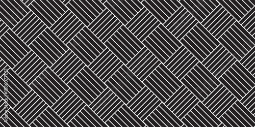Seamless black and white basket weave geometric pattern featuring interlaced rectangular shapes with horizontal and vertical line details