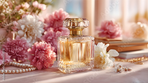 
Ultra realistic luxurious high-fashion scene featuring a crystal perfume bottle filled with golden liquid, surrounded by vibrant soft pink and white flowers symbolizing joy and strength. Subtle gold 