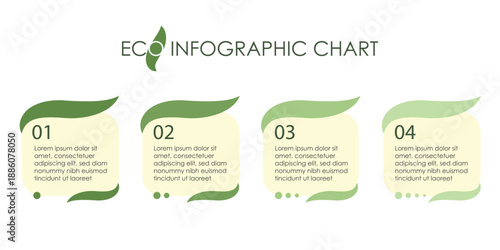 Eco infographic chart template with four steps, green leaf elements, and clean modern layout. Suitable for sustainability, environmental data, business process, and presentation design.