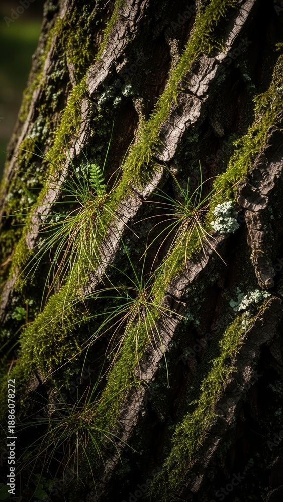 Fototapeta premium Detailed Macro View Of Ancient Tree Bark Covered In Lush Green Moss And Tiny Sprouts