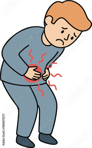 Vector flat illustration of a distressed man bending forward and clutching his stomach, depicting symptoms of abdominal pain, indigestion, or food poisoning with red pain indicators.