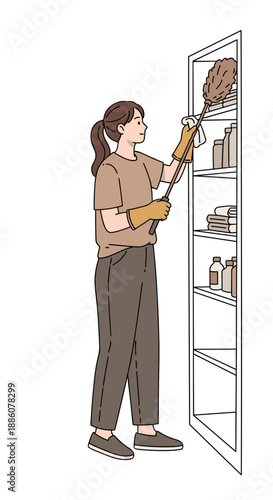 Woman cleaning shelf with feather duster while wearing gloves  