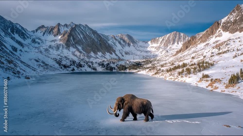 A majestic mammoth traverses a frozen lake in a stunning mountain range on a clear winter day