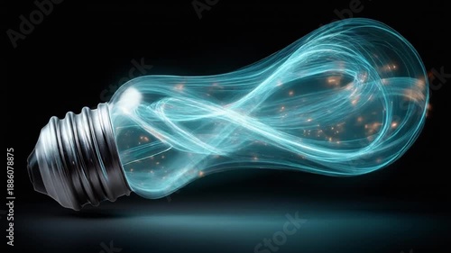 A glowing light bulb with swirling blue energy and sparks against a dark background