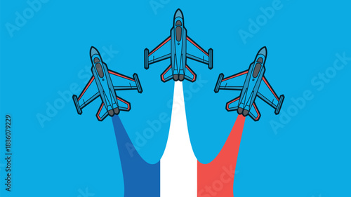 Three fighter jets performing an aerial maneuver with smoke trails in the colors of the French flag against a clear blue sky.