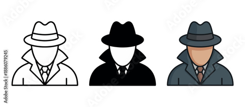 Illustrations of a mysterious figure in a trench coat and fedora hat, representing concepts of espionage, detective work, or secret agents.