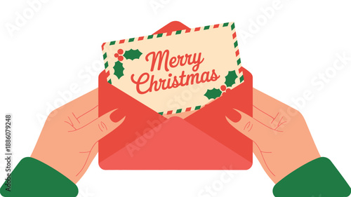 Two hands in green sleeves hold open a red envelope revealing a card with 'Merry Christmas' written in cursive, surrounded by holly and berries.