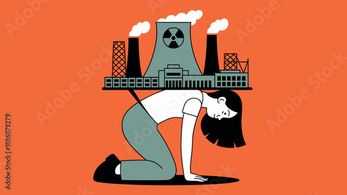 A person kneels under the weight of a nuclear power plant, symbolizing the burden of industrial pollution.