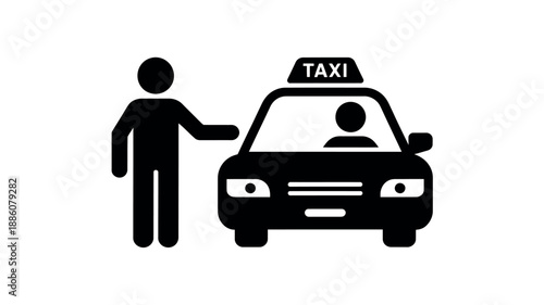 A person hailing a taxi with a driver inside, symbolizing transportation and urban mobility services.