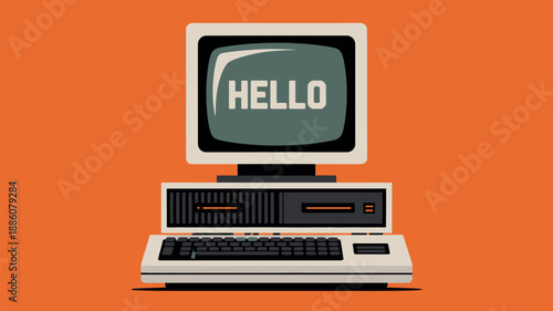 A vintage computer system with the word 'HELLO' displayed on its screen against a solid orange background.