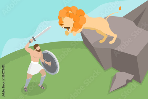 3D Isometric Flat Vector Illustration of Nemean Lion, Heracles Battles, First Of Twelve Labours