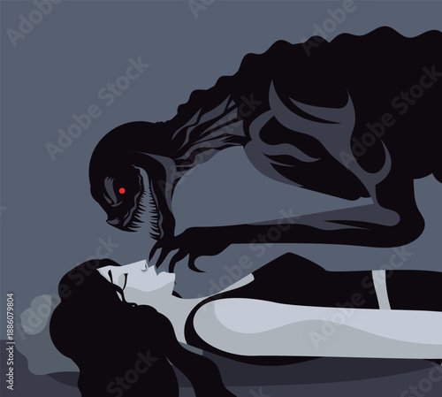 sleep paralysis demon stalking a sleeping woman