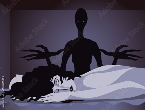 dark entity apparition while a woman sleeps in her room