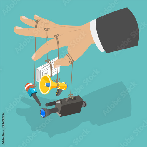 3D Isometric Flat Vector Illustration of Fake And Disinformation, Businessman Arm Manipulating Media
