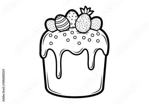 Easter cake with icing and decorative eggs and fruits on top  