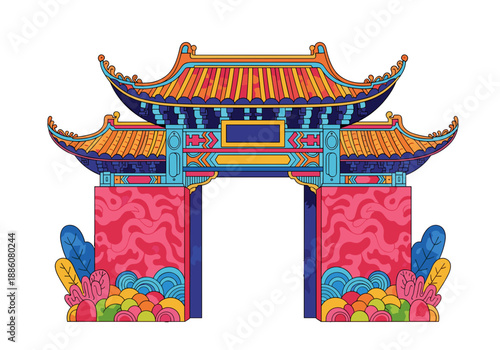 Colorful Chinese archway illustration for festive celebrations  