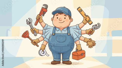 Plumber with multiple arms holding tools in a colorful background  
