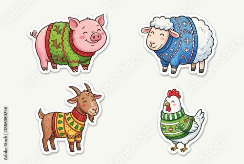 Colorful cartoon animals in winter sweaters, playful and festive  