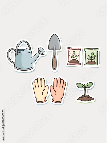 Gardening tools and supplies including watering can, gloves, and seeds  