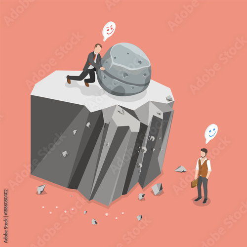 3D Isometric Flat Vector Illustration of Sabotage, Businessman Using Rock To Eliminate Competitor In Business Feud