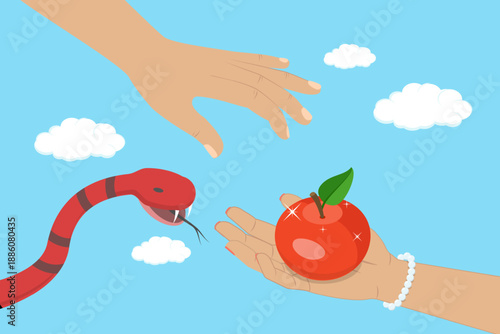 3D Isometric Flat Vector Illustration of Forbidden Fruit, Adam and Eve, Eve Offering Apple To Adam