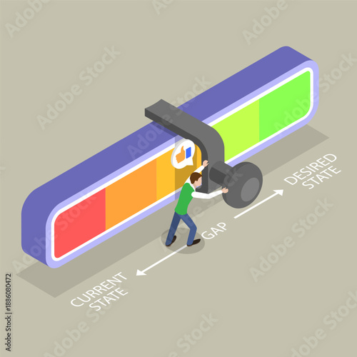 3D Isometric Flat Vector Illustration of Gap Between Current And Desired State, Strategic Planning Analysis Concept