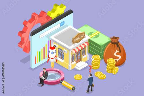 3D Isometric Flat Vector Illustration of Franchise Store, Small Business Expansion For Retail Or Services