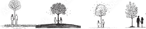 Romantic and emotional black and white hand-drawn illustrations of couples standing under different styles of trees while holding hands, symbolizing love, connection, growth and seasonal change.