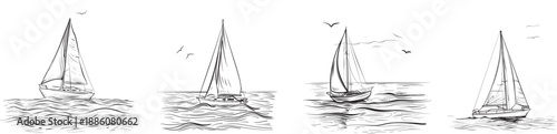 Hand-drawn black and white sailboat illustrations featuring four distinct sailing yachts on calm sea waves with birds in the sky, each in different positions and angles, showcasing nautical movement 