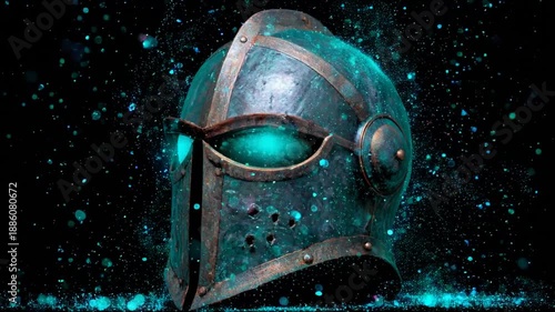 A weathered, teal helmet is centered, framed by a dark backdrop with glowing particles